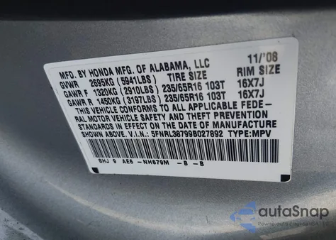 2009 Honda Odyssey Ex-L из США, поврежденный, VIN 5FNRL38799B027892